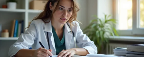 Une jeune étudiante en médecine en moment de réflexion et de prise de décision stratégique