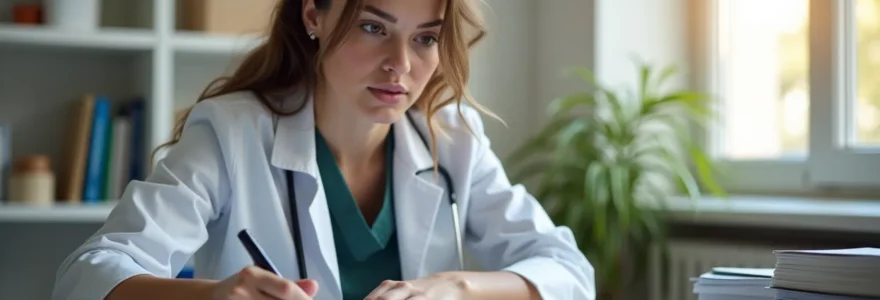 Une jeune étudiante en médecine en moment de réflexion et de prise de décision stratégique